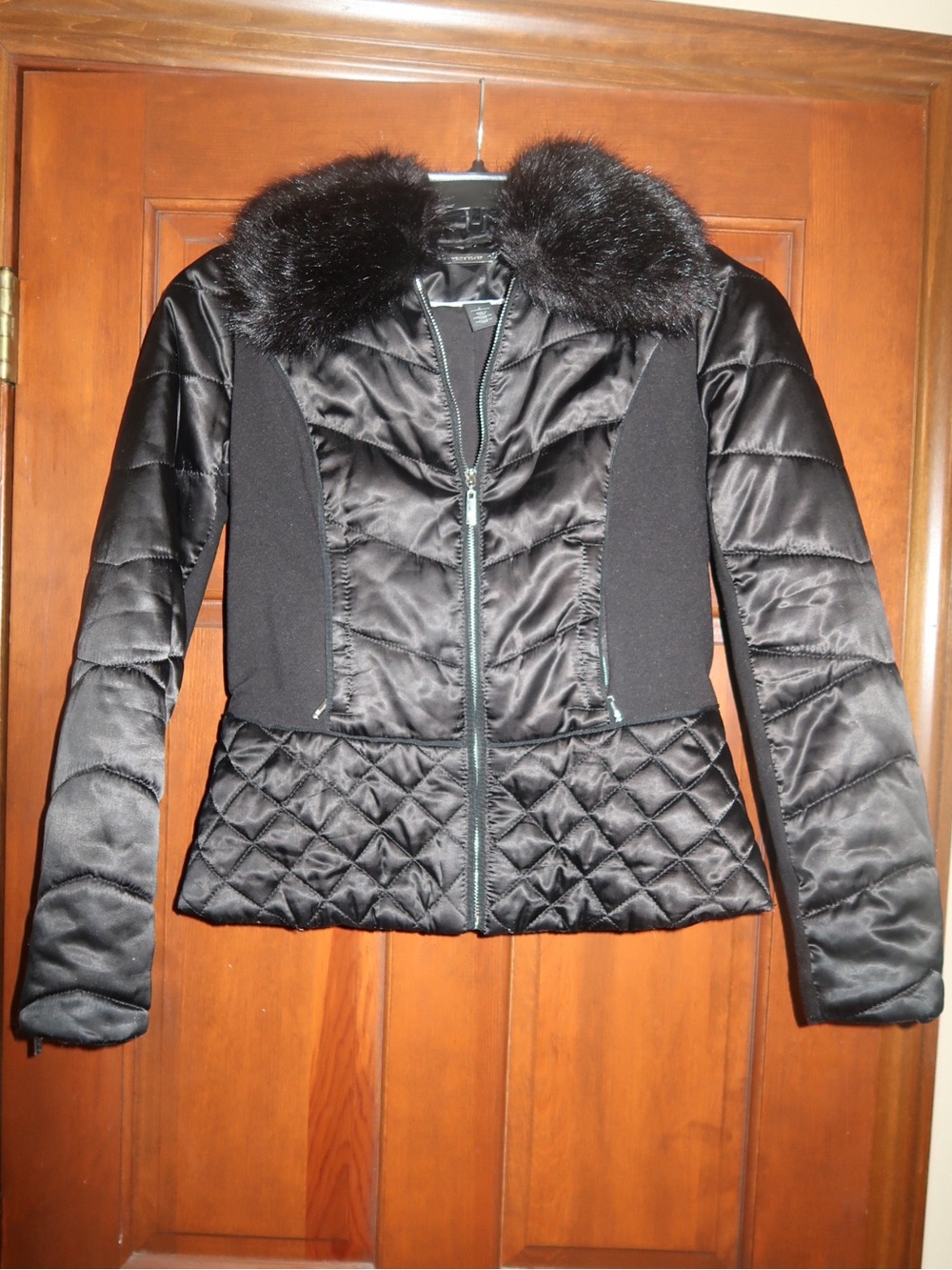 White House Black Market Black Quilted Peplum Puffer with Faux Fur Collar